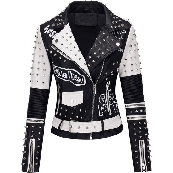 Jackets & Blazers - Women Black White Studded Rivet Floral Biker Short Lapel Coat Leather Jacket